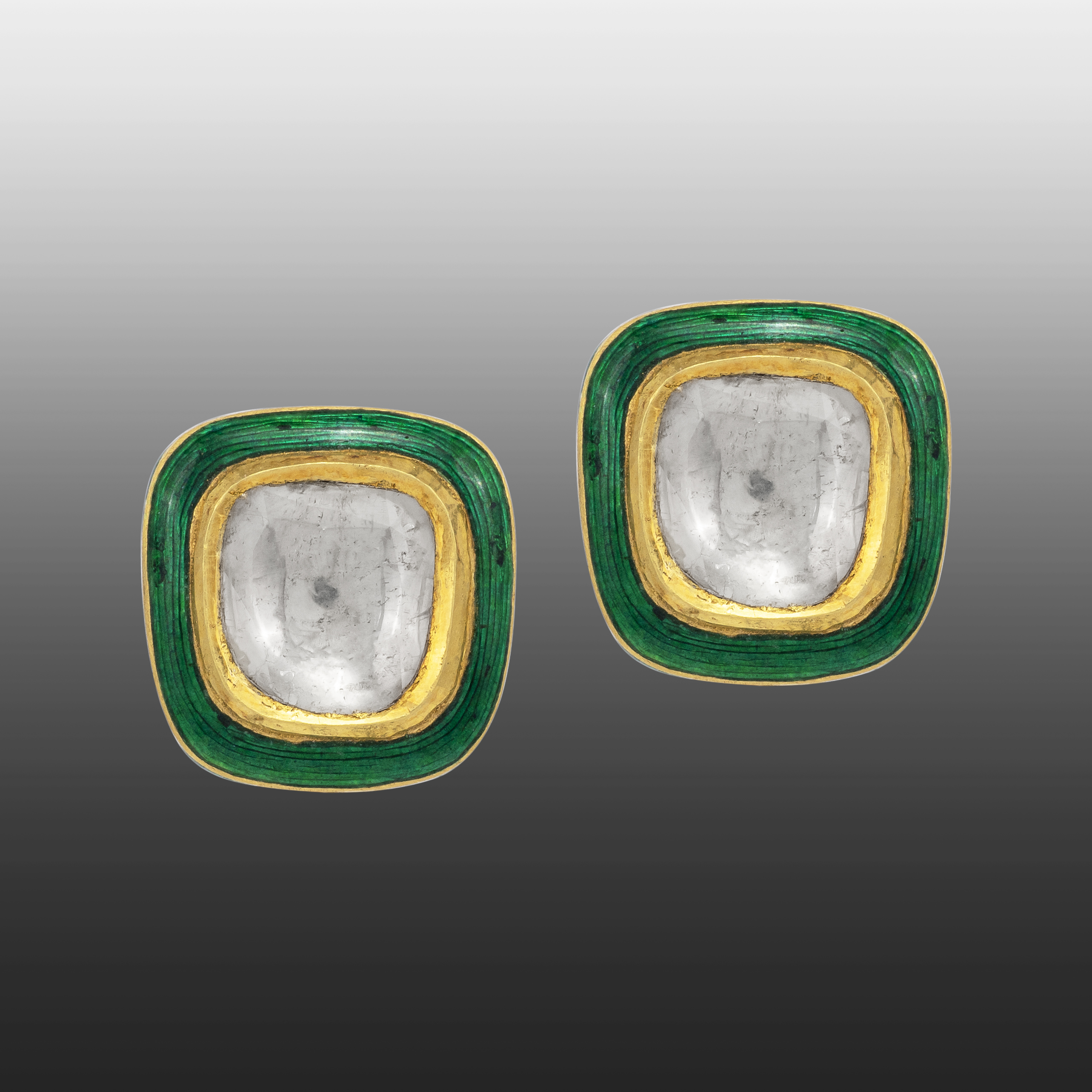 Square Polki Studs with Green Enamel Highlights
